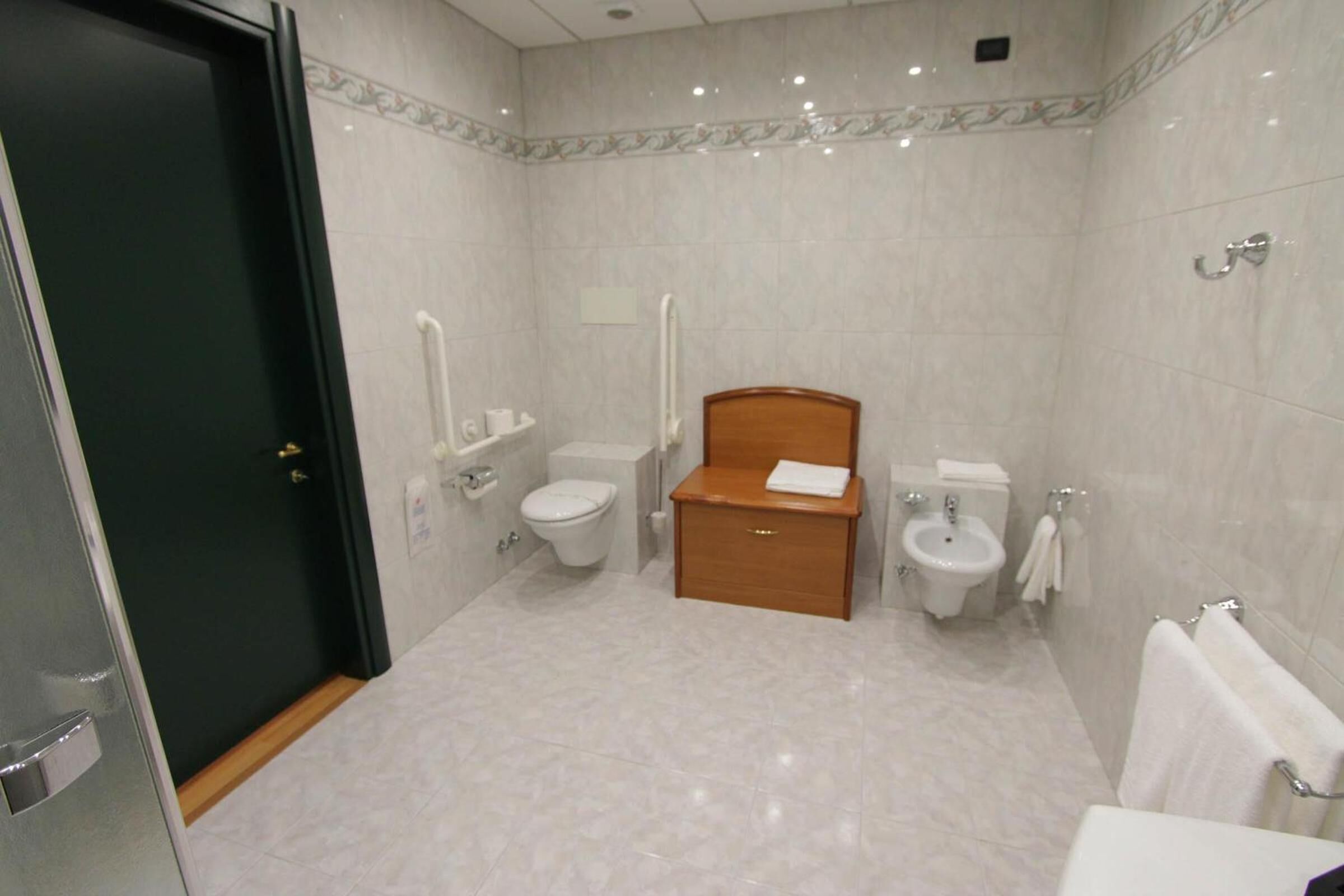Un baño moderno con inodoro, bidé y un armario de madera.