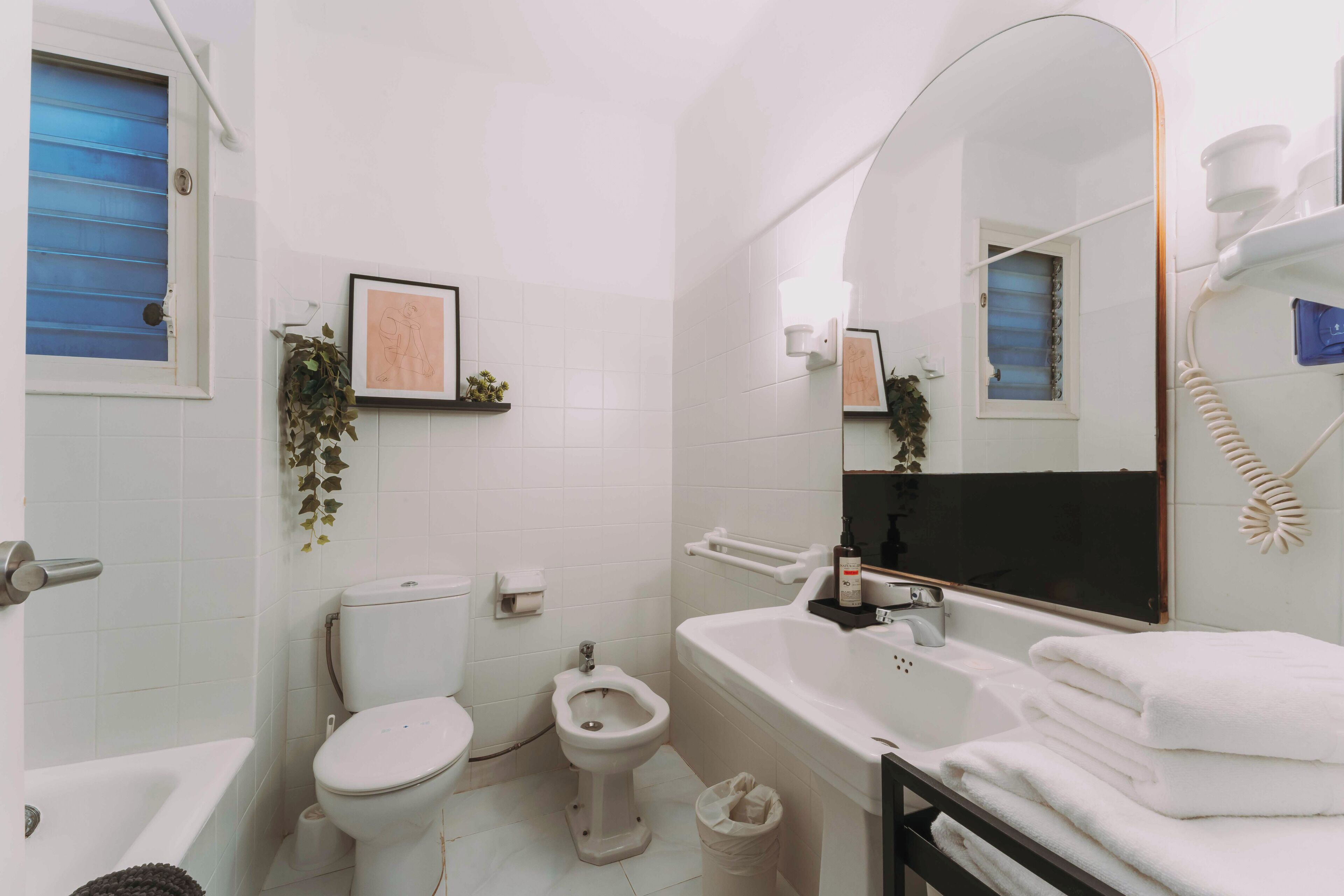 Une salle de bain comprenant des toilettes, un bidet, une baignoire et un lavabo avec un miroir.