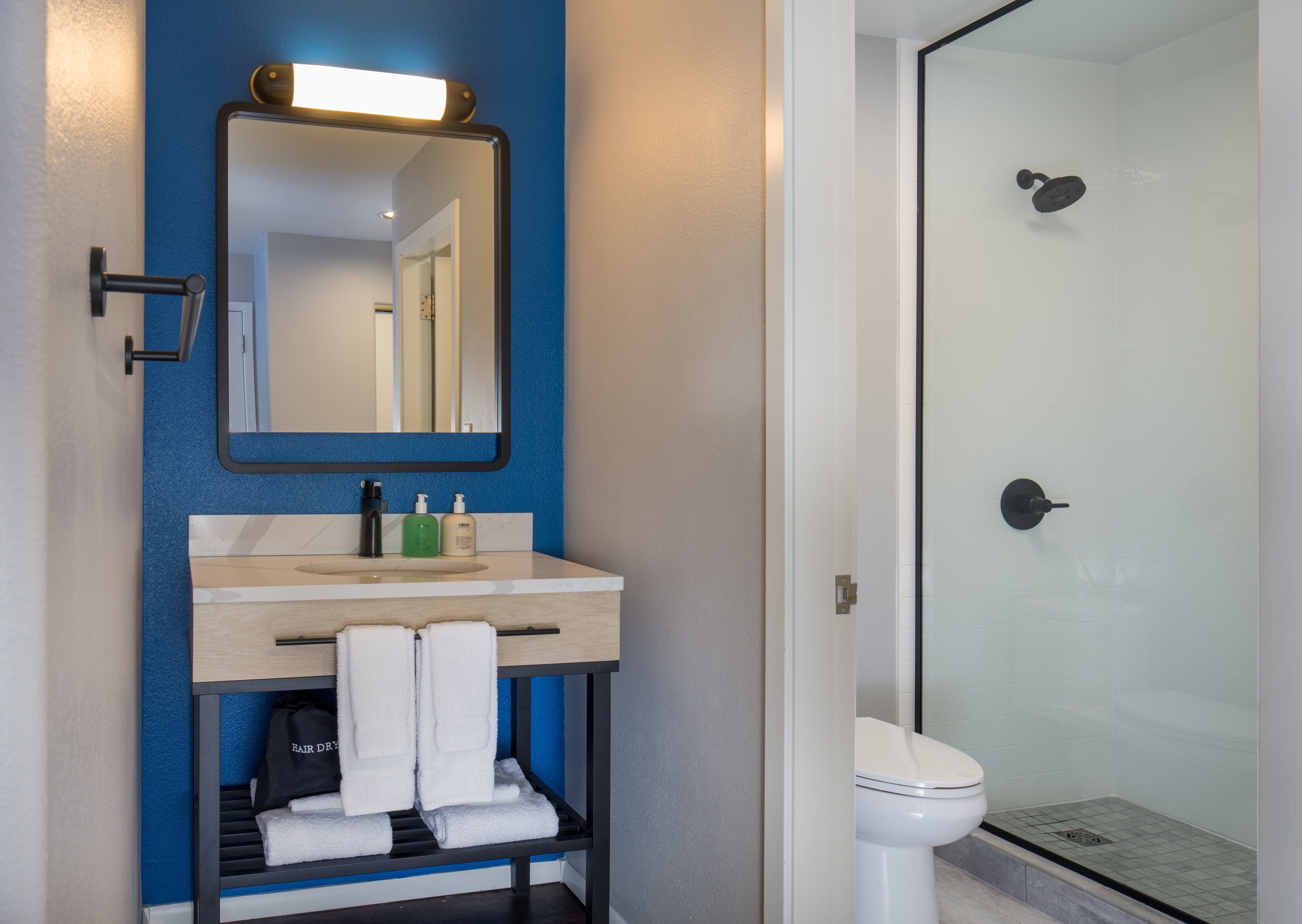 shower, free toiletries, hair dryer, bathrobes