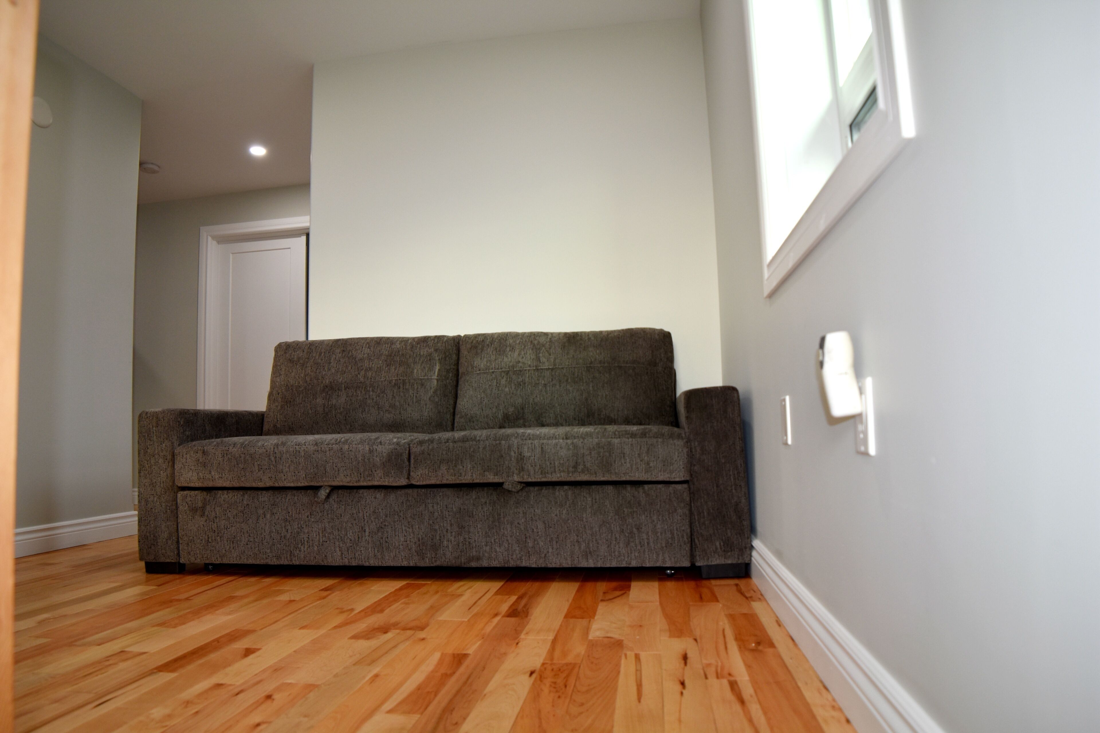 A room with a grey sofa, wooden flooring, a white door, and a light switch on the wall.