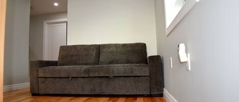 A room with a grey sofa, wooden flooring, a white door, and a light switch on the wall.