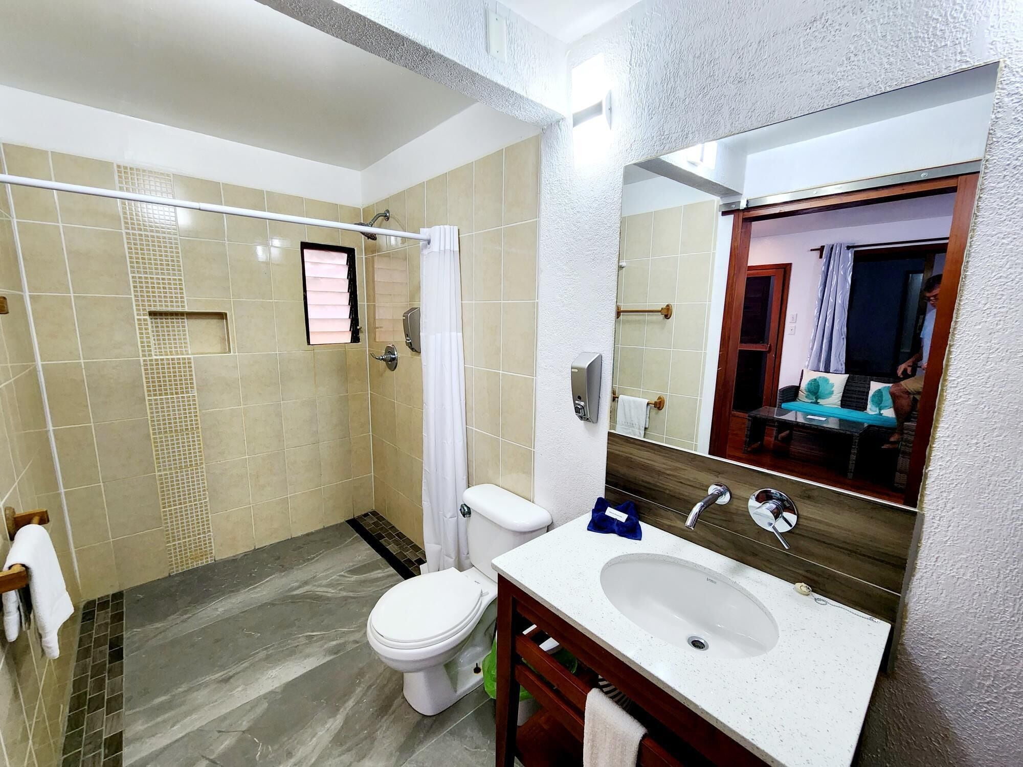 A bathroom with a shower, toilet, sink, and a mirror.