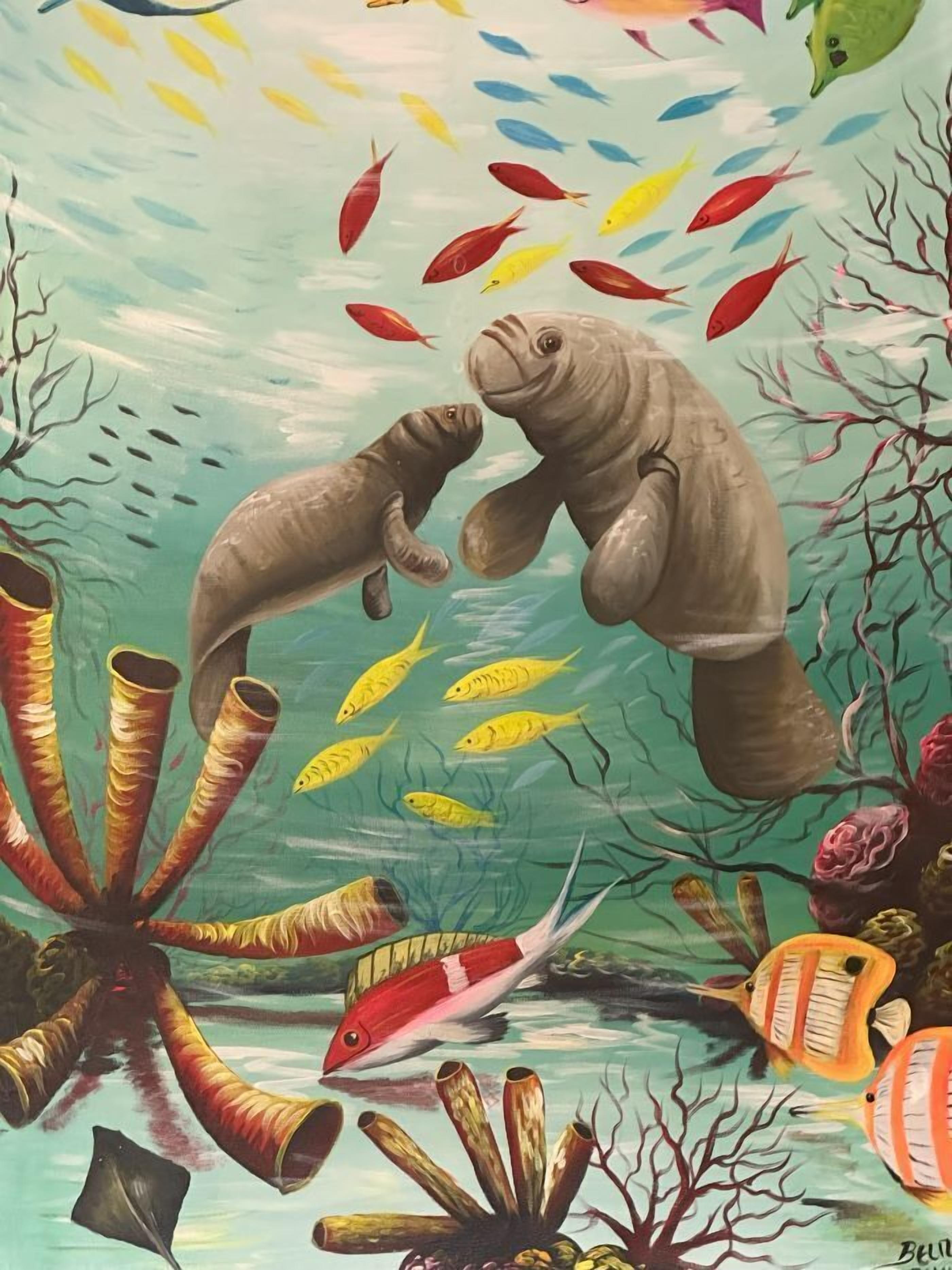 An underwater scene with manatees, fish, and coral.