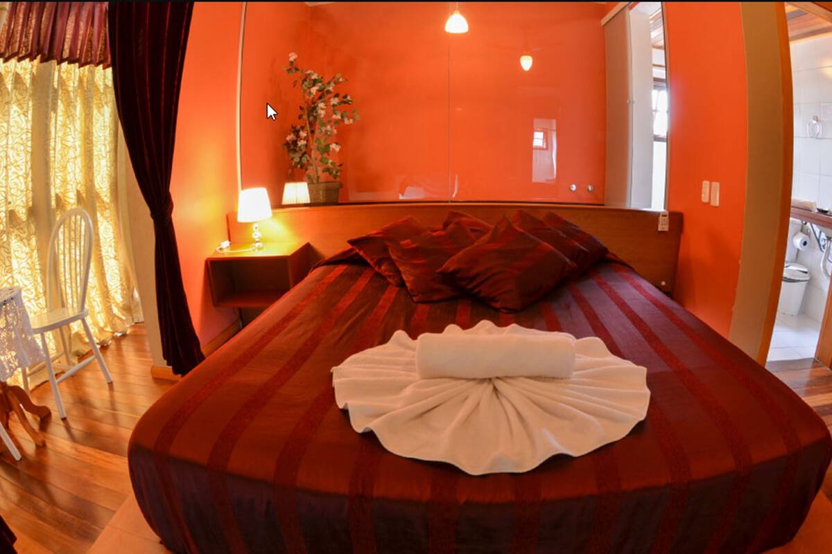 A hotel room with a large bed, a bedside table with a lamp, a mirror, a small plant, and a wooden wardrobe.