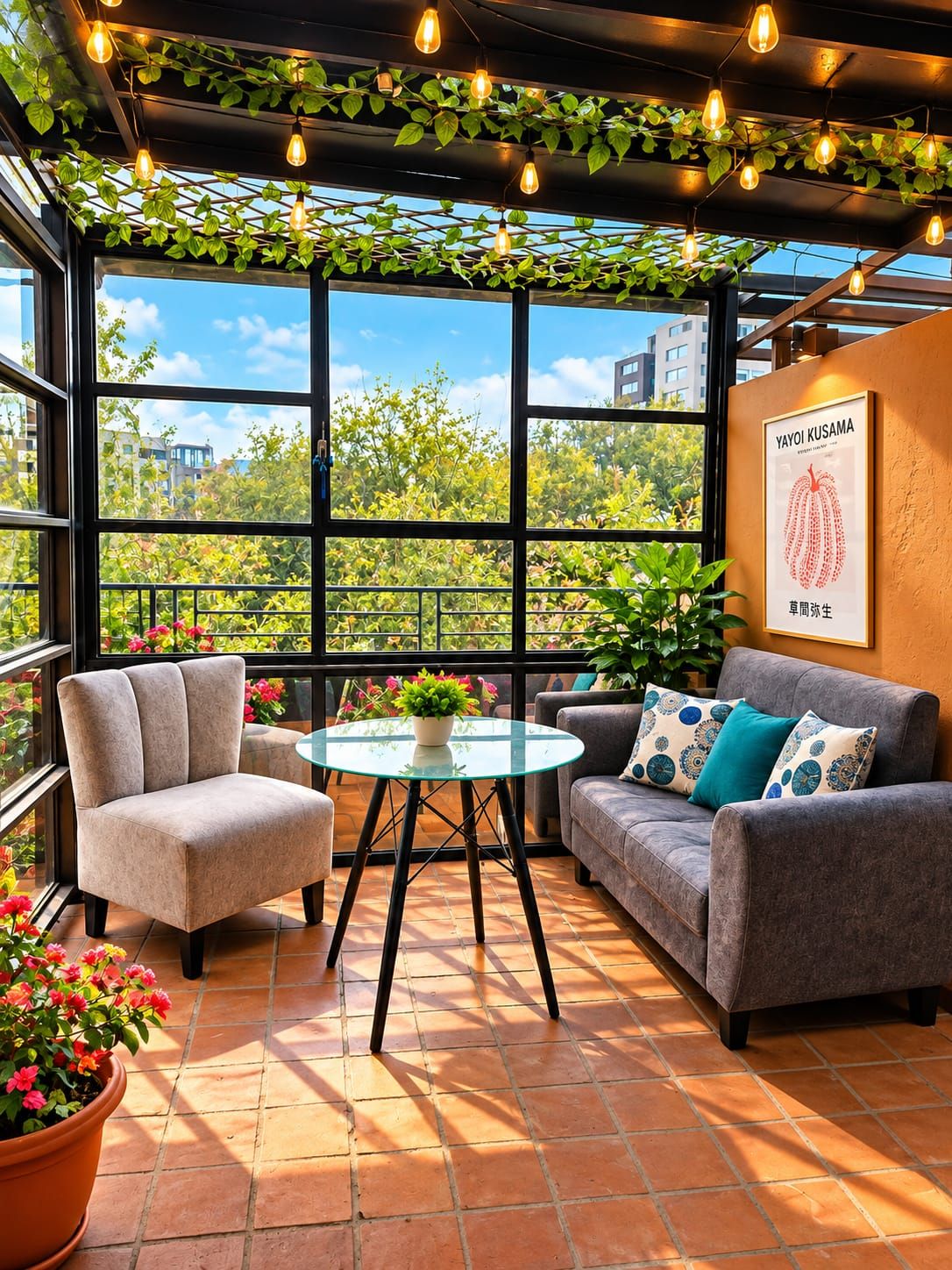 Un interior modern amb una taula de vidre, dos sofàs i vista a la verdura exterior.