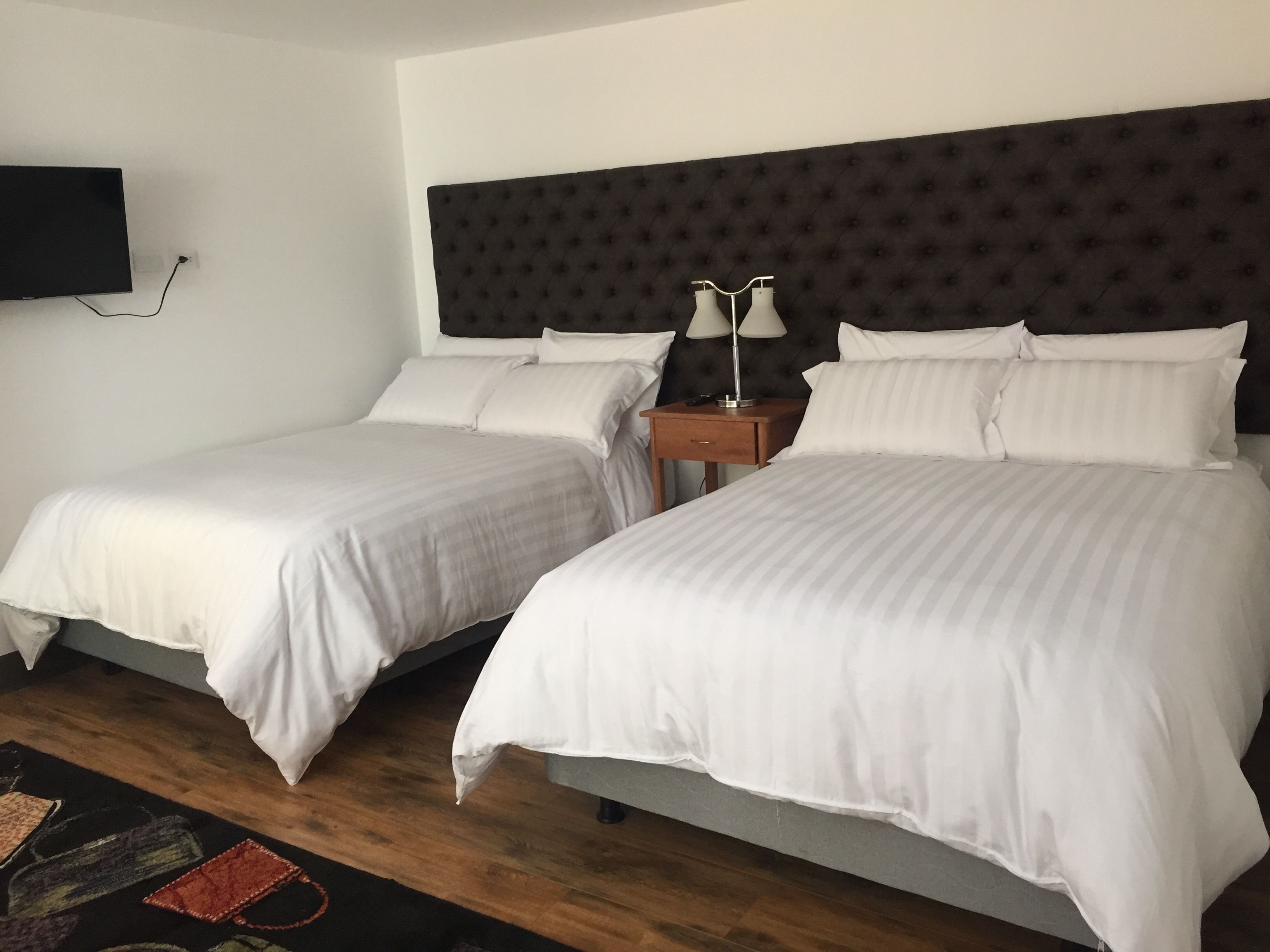 Une chambre d’hôtel avec deux lits simples, une tête de lit capitonnée de couleur sombre, une table de chevet avec une lampe et un téléviseur à écran plat fixé au mur.