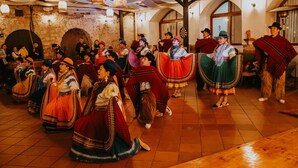 A group of people in traditional attire dancing in a room with wooden floors and brick walls. - Viajero Quito Hostel (Quito)