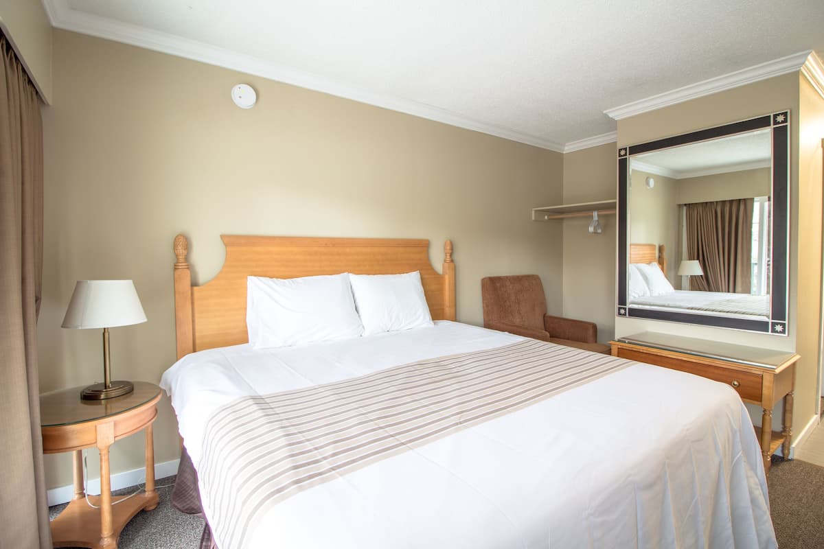 Une chambre d’hôtel avec un grand lit, une table de chevet avec une lampe, une chaise et un miroir.