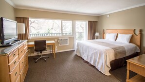 Hotelkamer met een bed, bureau, stoel, televisie en een raam met uitzicht op bomen.
