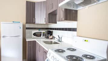Habitación doble superior, 2 camas matrimoniales, cocina | Cocina privada | Refrigerador, microondas, cafetera y tetera y utensilios de cocina