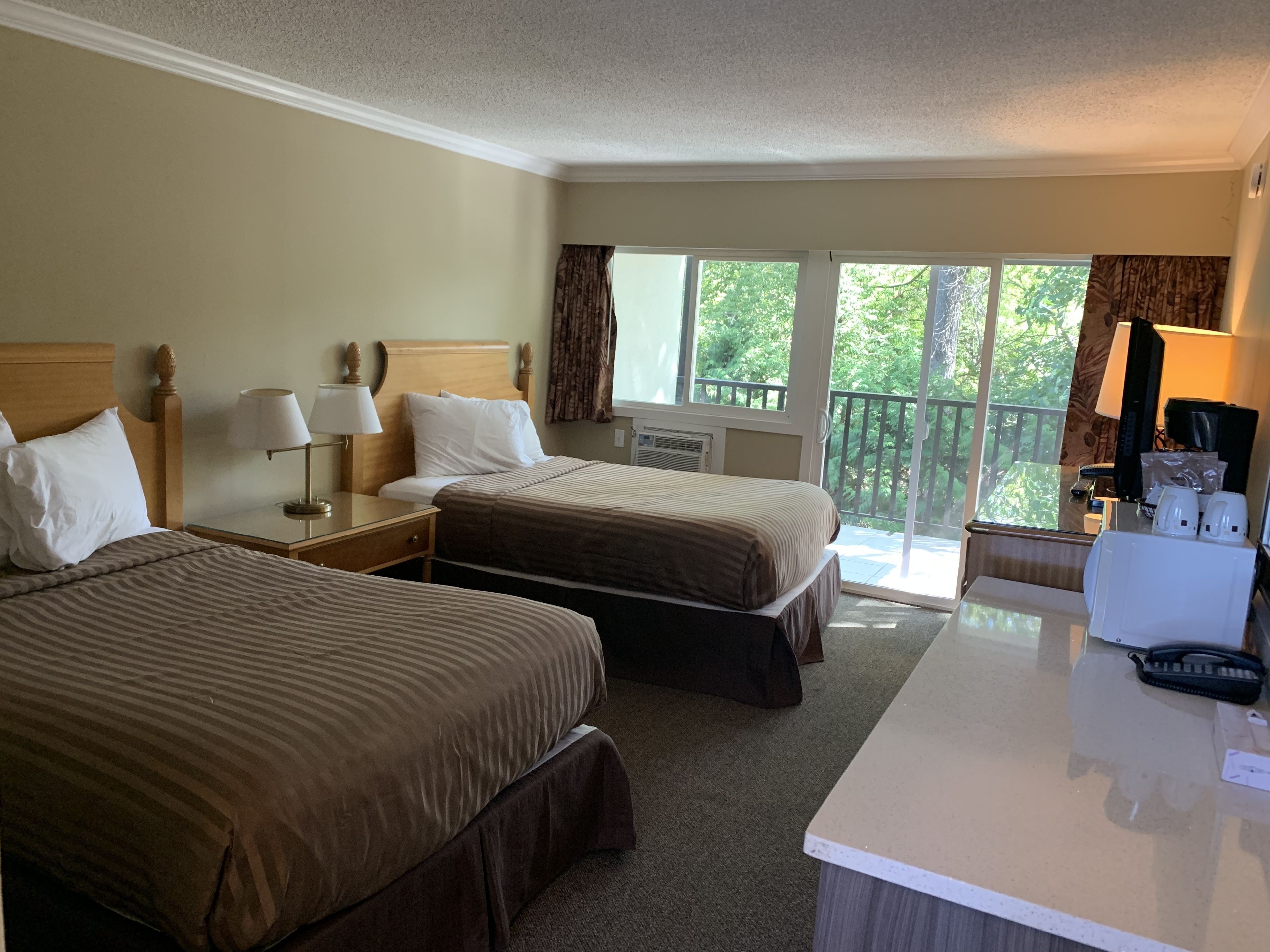 Une chambre d’hôtel avec deux lits, un bureau avec un téléphone et un balcon donnant sur la verdure.
