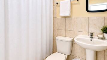 A bathroom with a toilet, sink, and shower curtain.