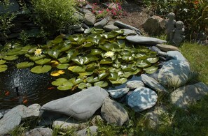 A pond with lily pads and a statue of children. - Gardenview Bed and Breakfast (Newport)