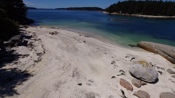 On the beach, sun-loungers, beach towels