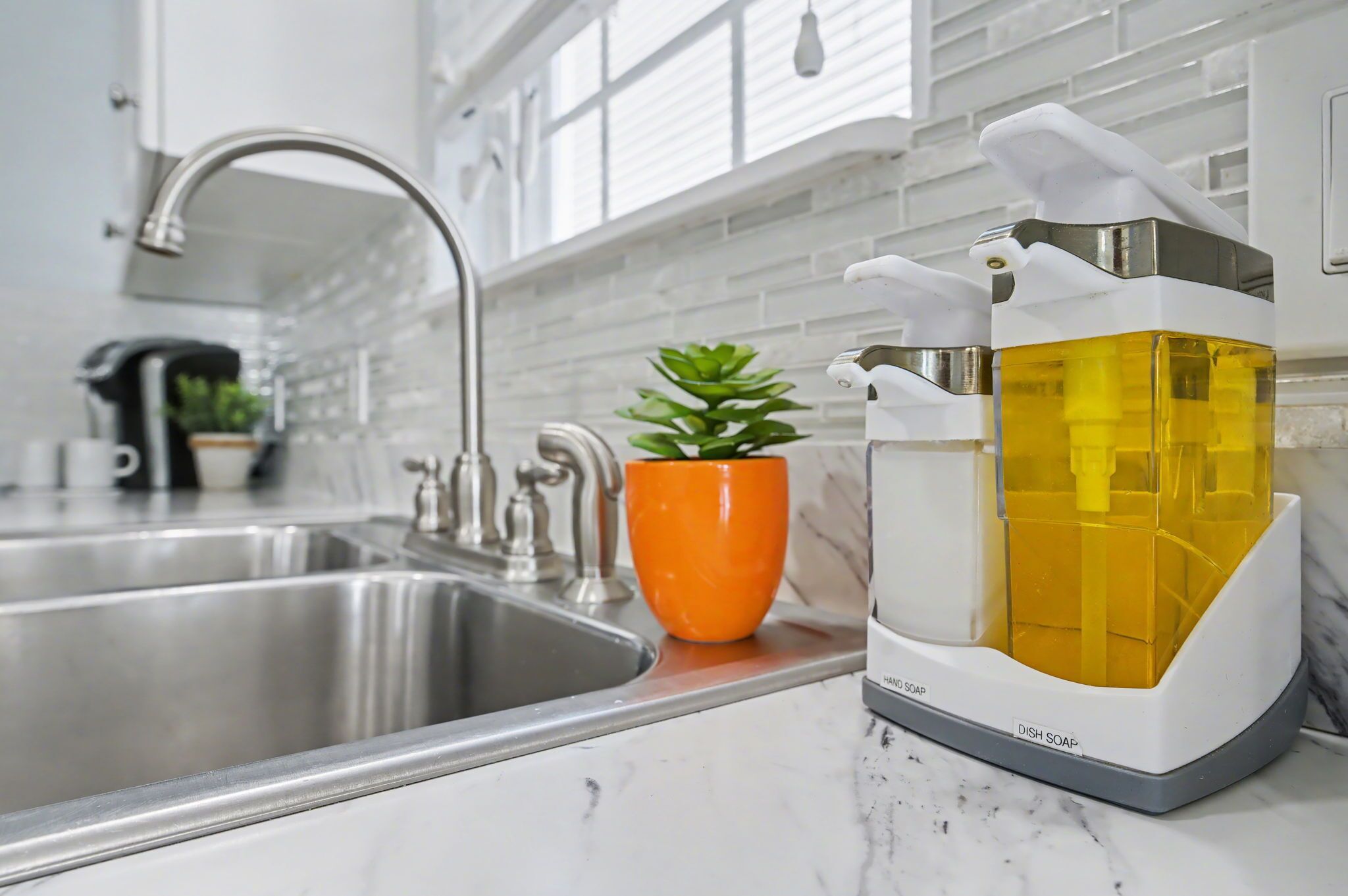 A kitchen with a stainless steel sink, a dish soap dispenser, and a potted plant.