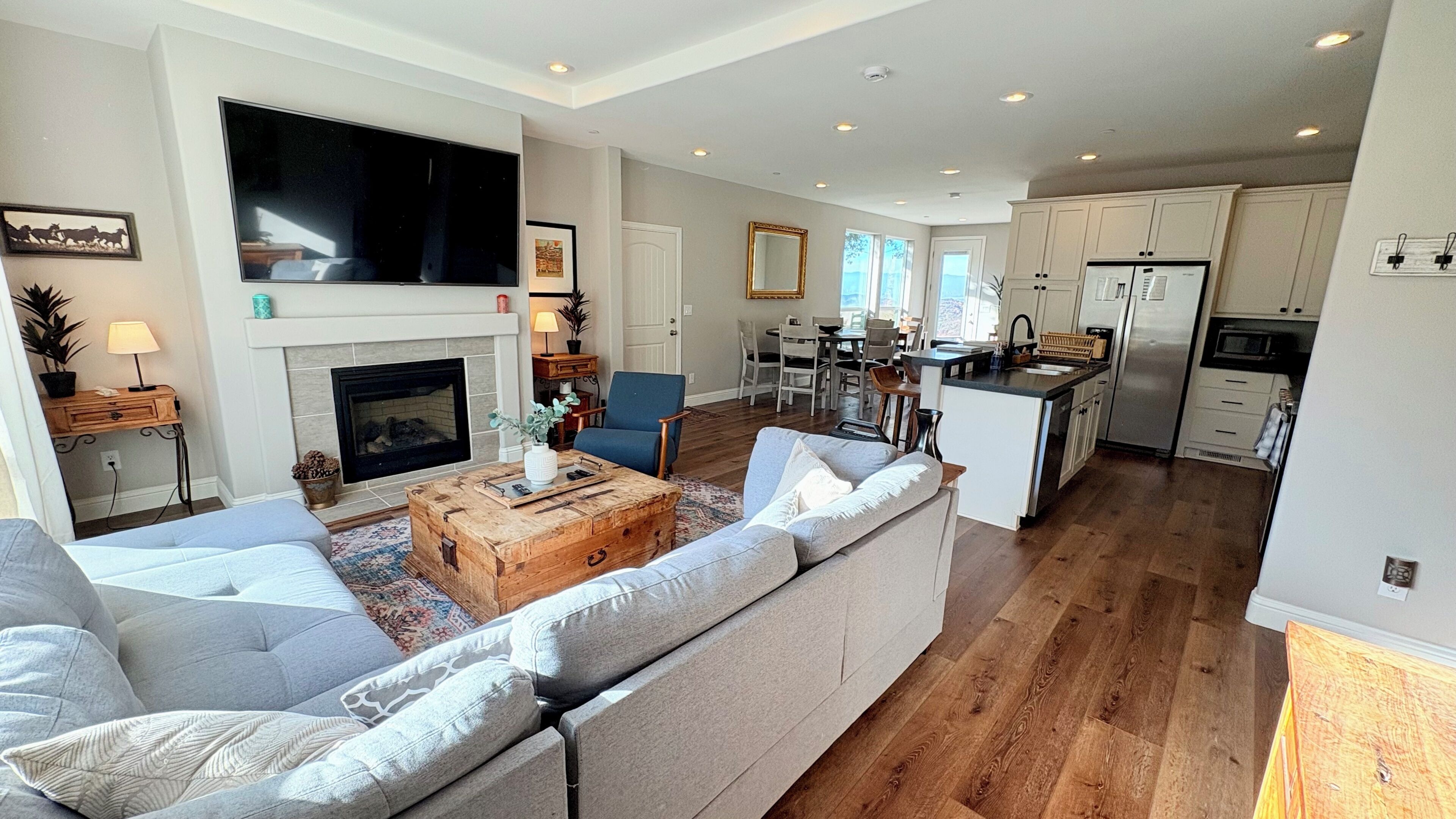 TV, fireplace, DVD player, video library