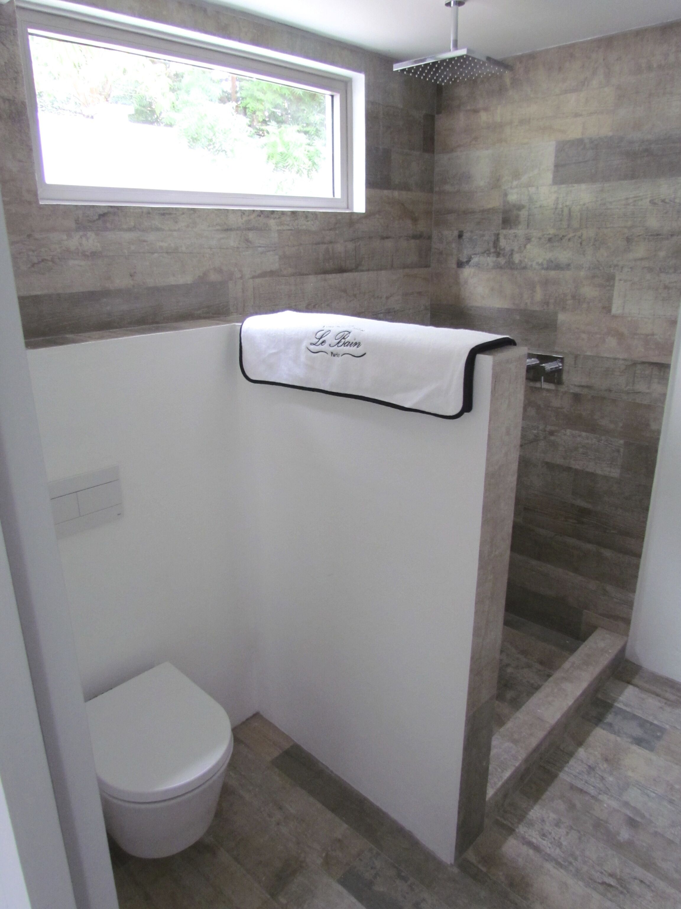 A bathroom with a shower, a toilet, and a window.
