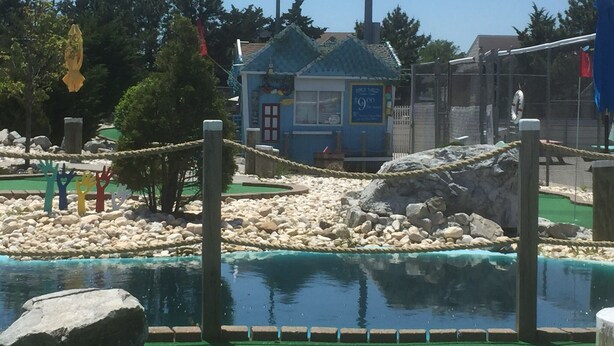 A pool area with a small building, ropes, rocks, and trees. - GORGEOUS BEACH HOUSE, TOP LOCATION! WALK TO BEACH, ICE CREAM, EATERIES. DOGS OK (Brigantine)
