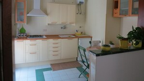 A compact kitchen with white cabinets, a small sink, and a microwave. There is a green chair and a potted plant on the counter. - Pompei, Vesuvio and Naples bay view (Trecase)