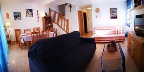 Smart TV, chimenea y libros 