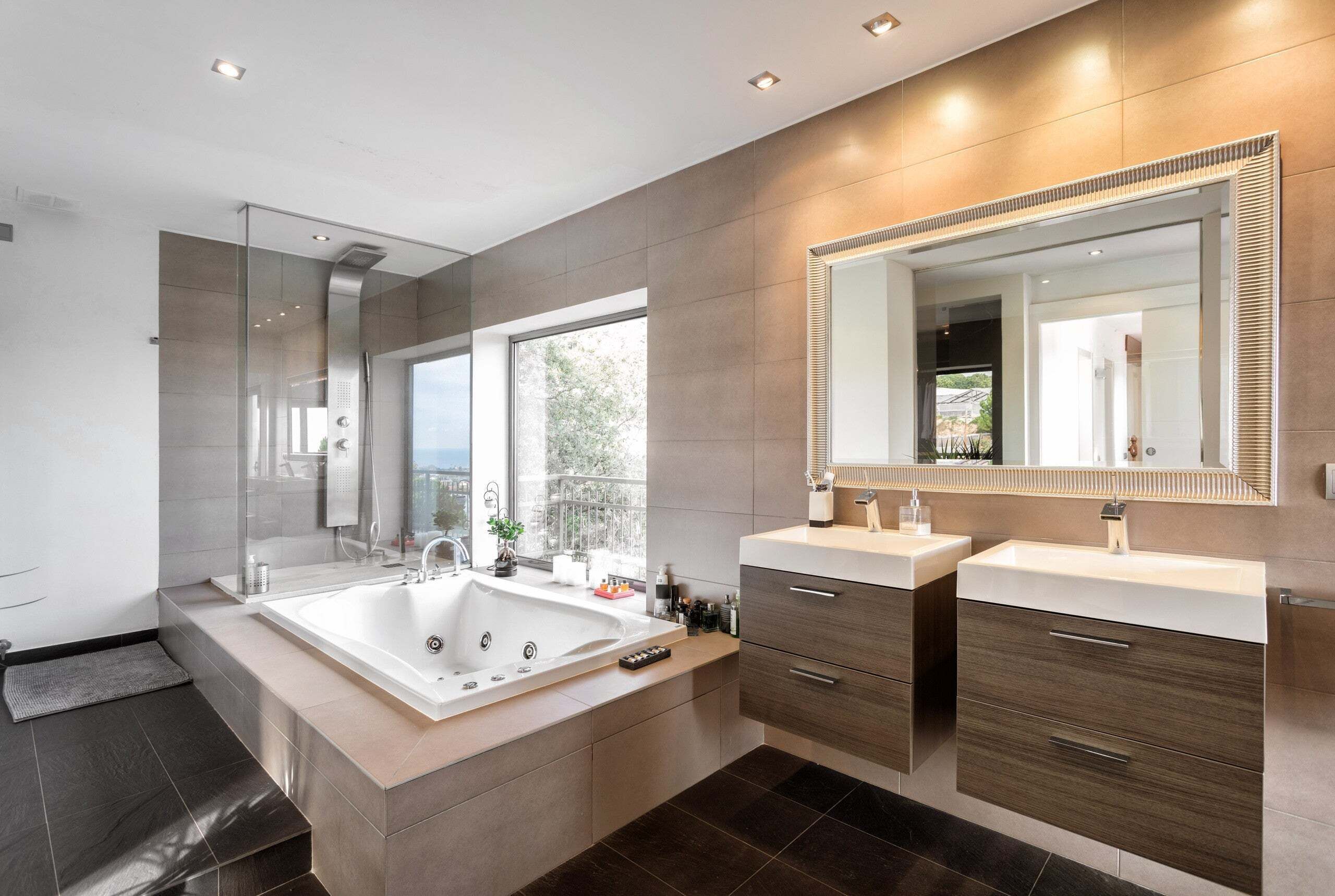 Bathtub, hair dryer, bidet, towels