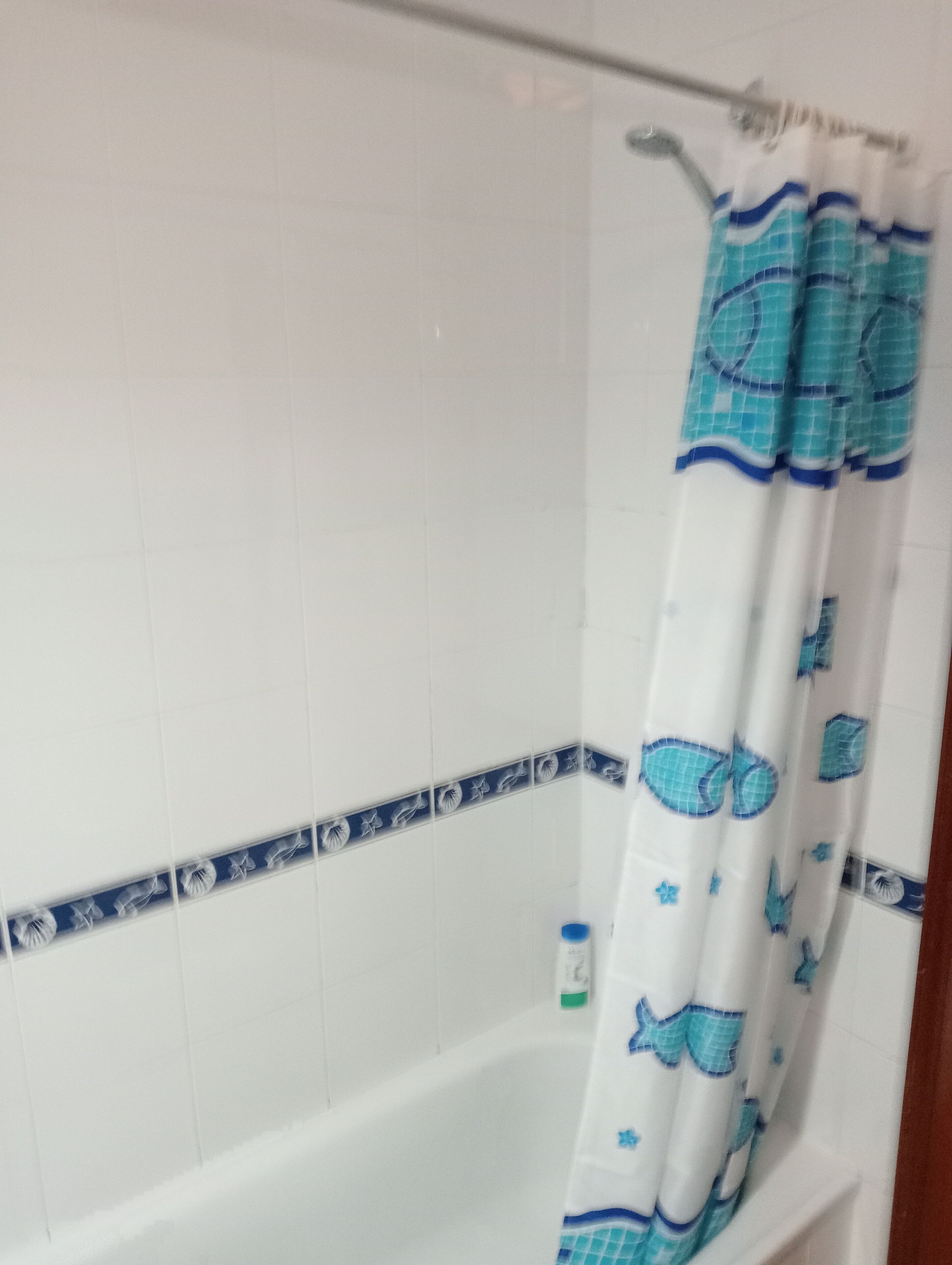 A bathroom with a white bathtub, a blue and white patterned shower curtain, and a blue and white tile border along the wall.