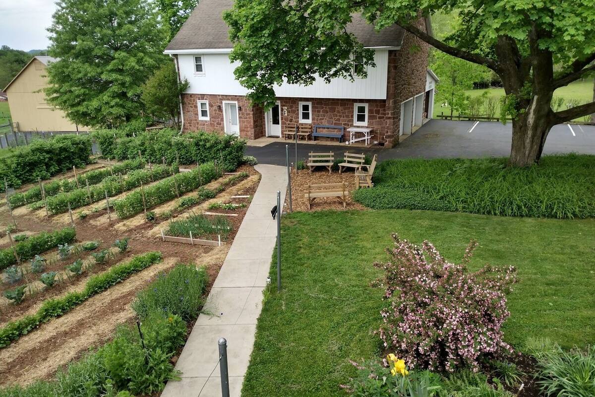 A house with a garden in front, a paved walkway, and a bench.