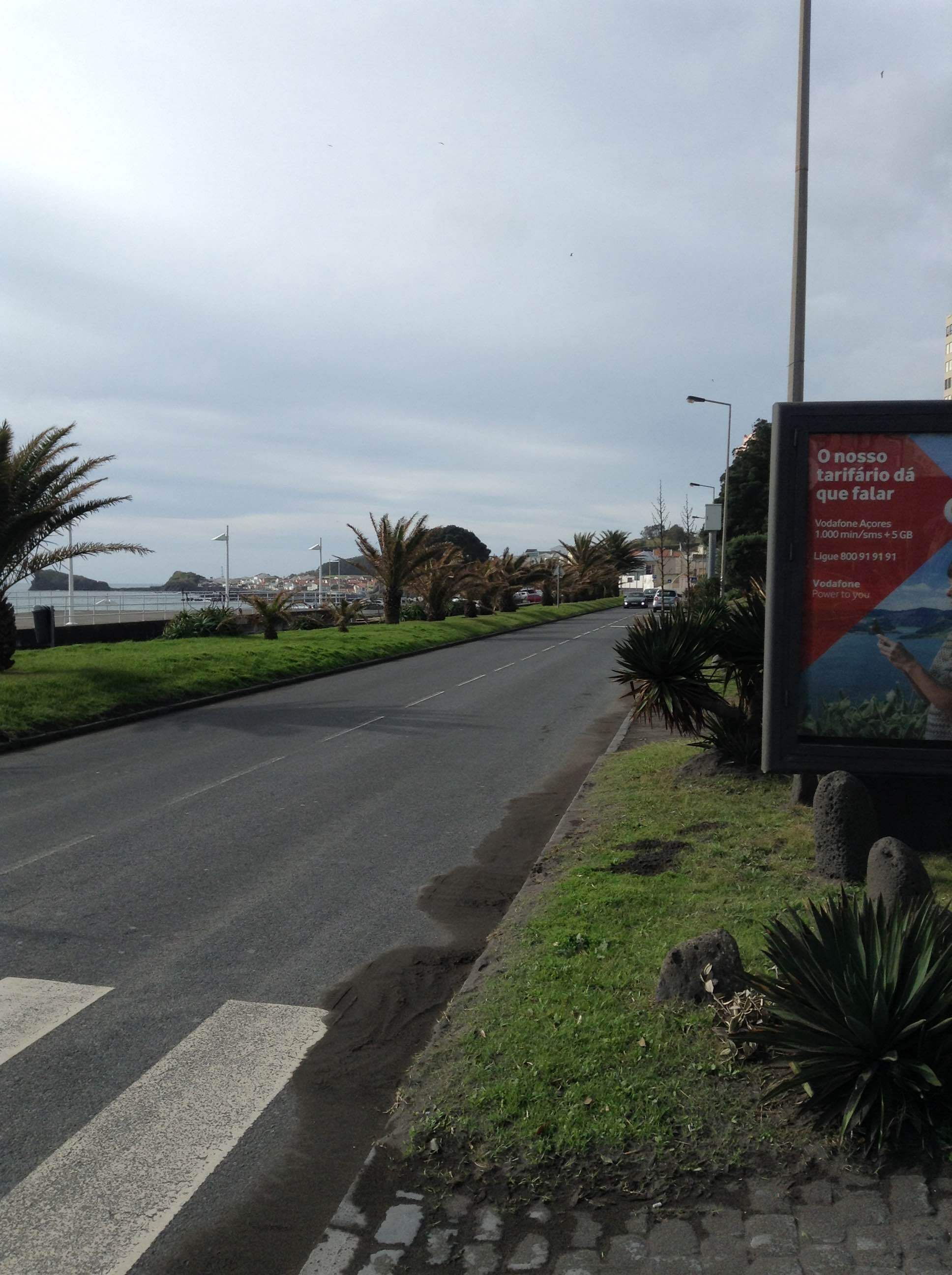 A road with a sidewalk, palm trees, and a billboard.