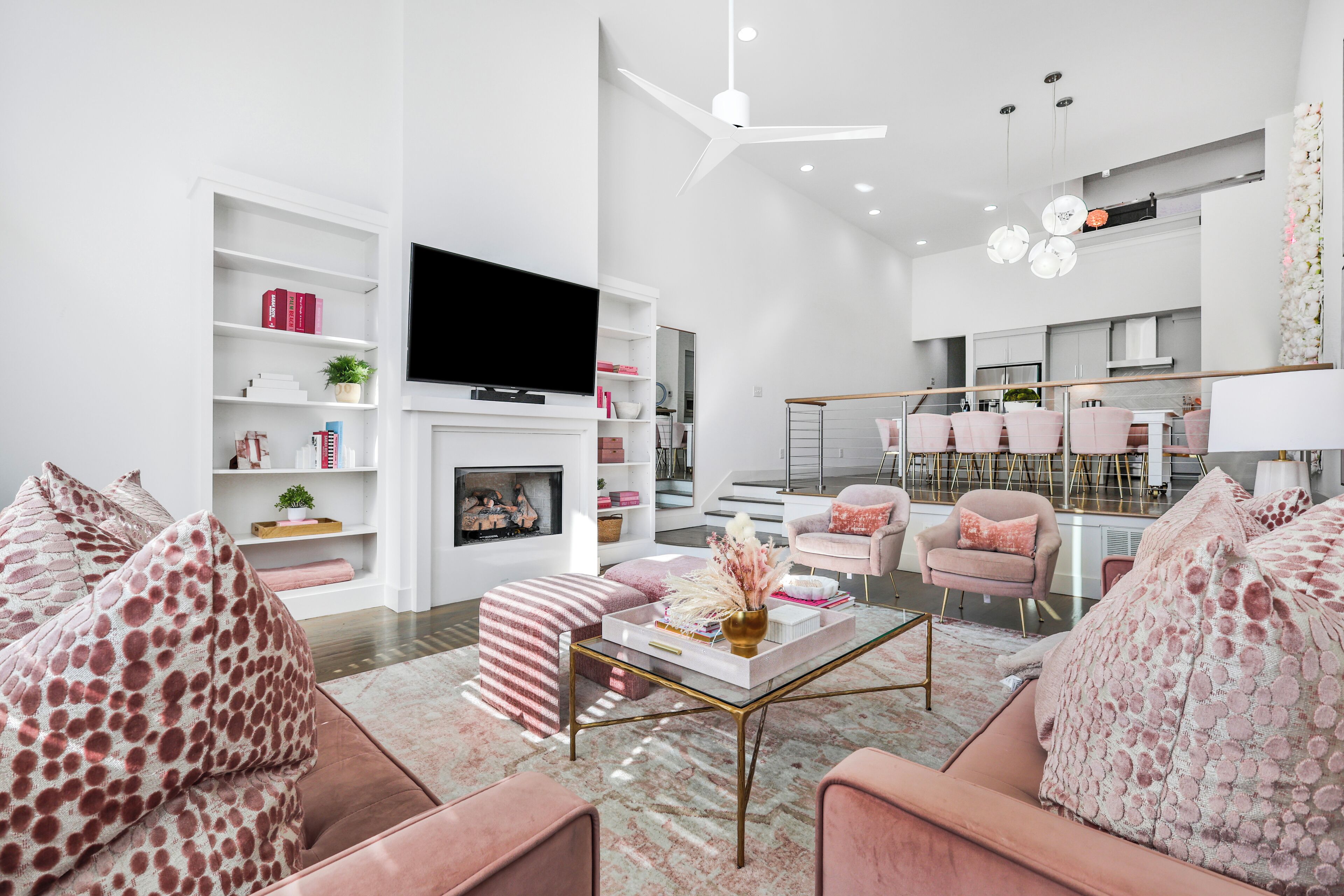 Smart TV, fireplace, books, stereo