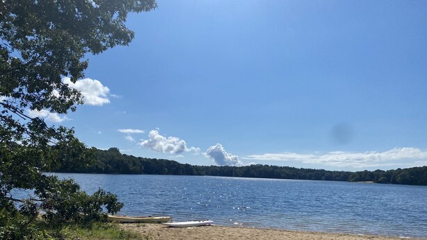A beach with lounge chairs and a lake view.