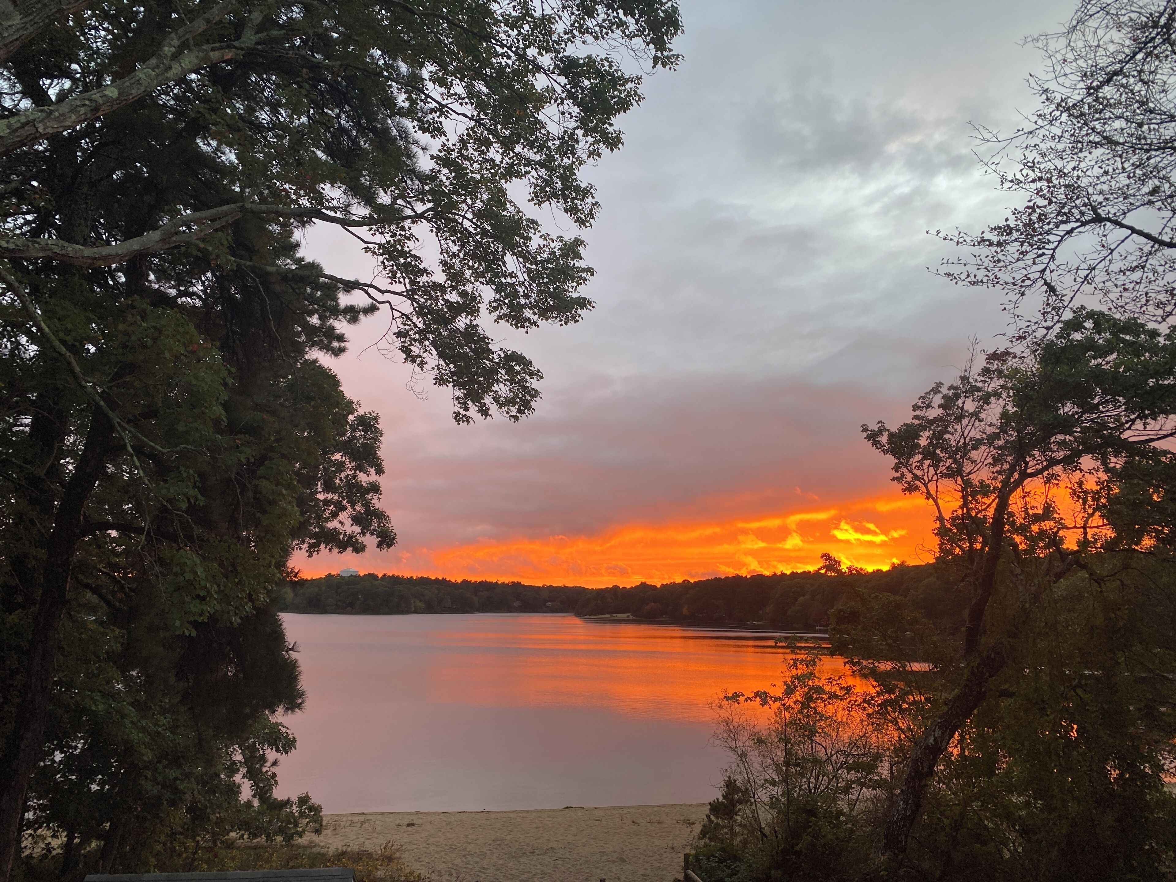 A lake with a sunset, surrounded by trees and a sandy beach.