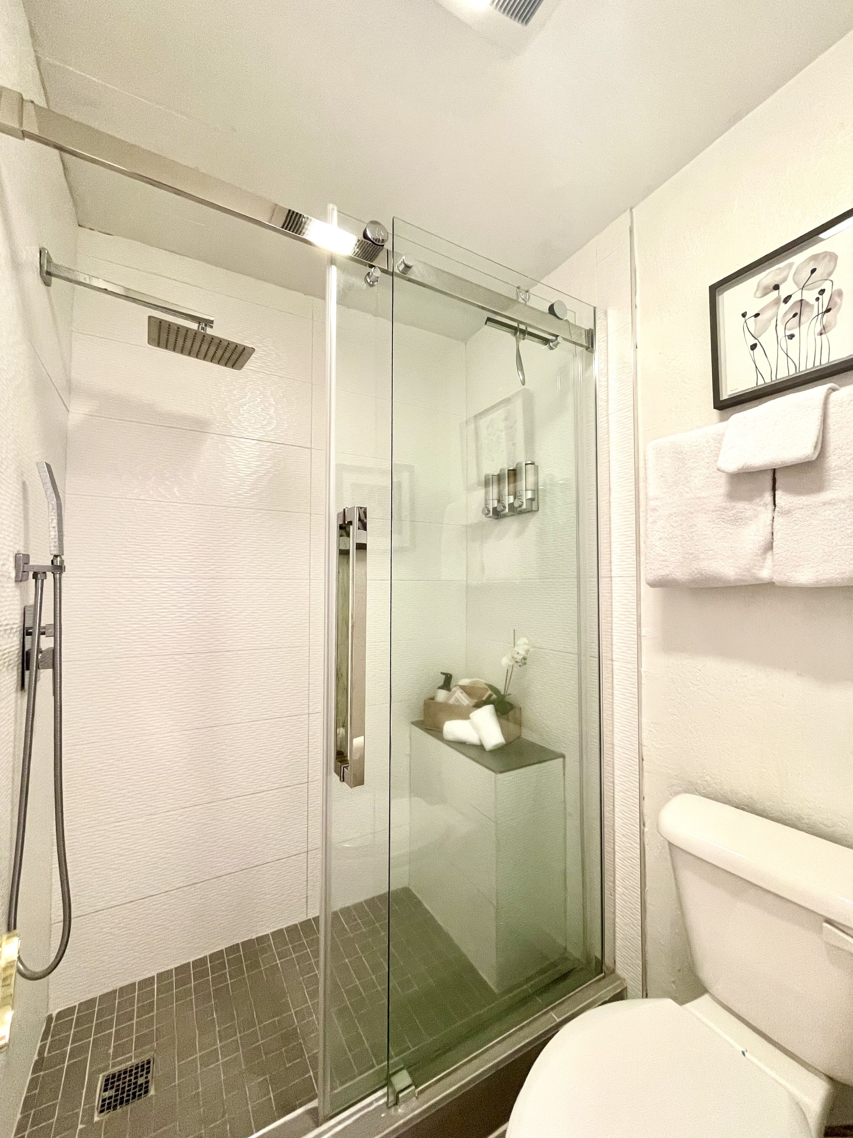 A modern bathroom with a glass-enclosed shower, a toilet, and a shelf with toiletries.