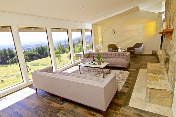 Smart TV, fireplace, DVD player, books