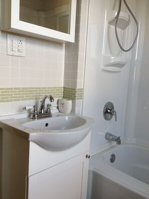 Tina con regadera, amenidades de baño ecológicas, secadora de cabello 