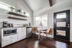 Fridge, microwave, coffee/tea maker, toaster
