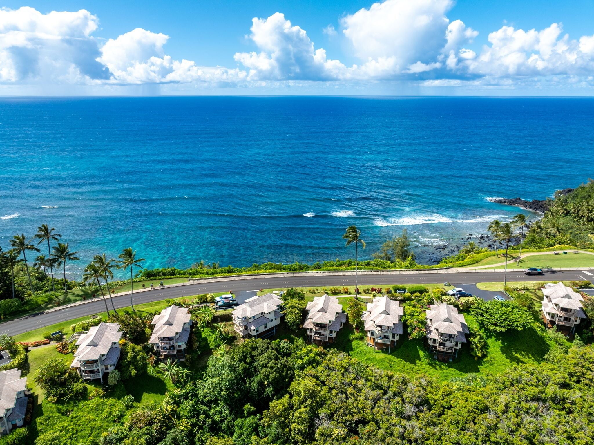 A coastal property with multiple houses, a road, and a view of the ocean.