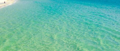 On the beach, sun-loungers, beach towels