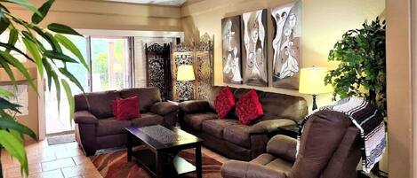 TV connectée, cheminée, lecteur de DVD, livres