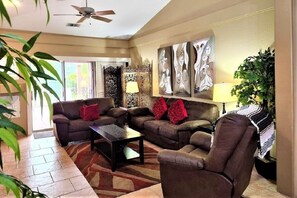 Smart TV, fireplace, DVD player, books