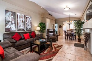 Smart TV, fireplace, DVD player, books