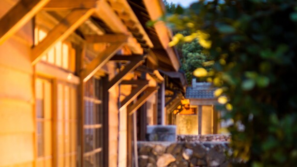 A wooden deck leading to a stone wall with a small garden area. - 22alleys (Magong)