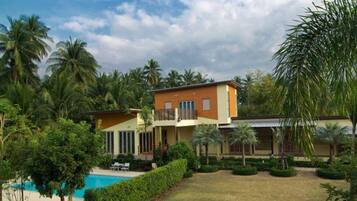 A two-story house with a swimming pool, surrounded by lush greenery and palm trees.