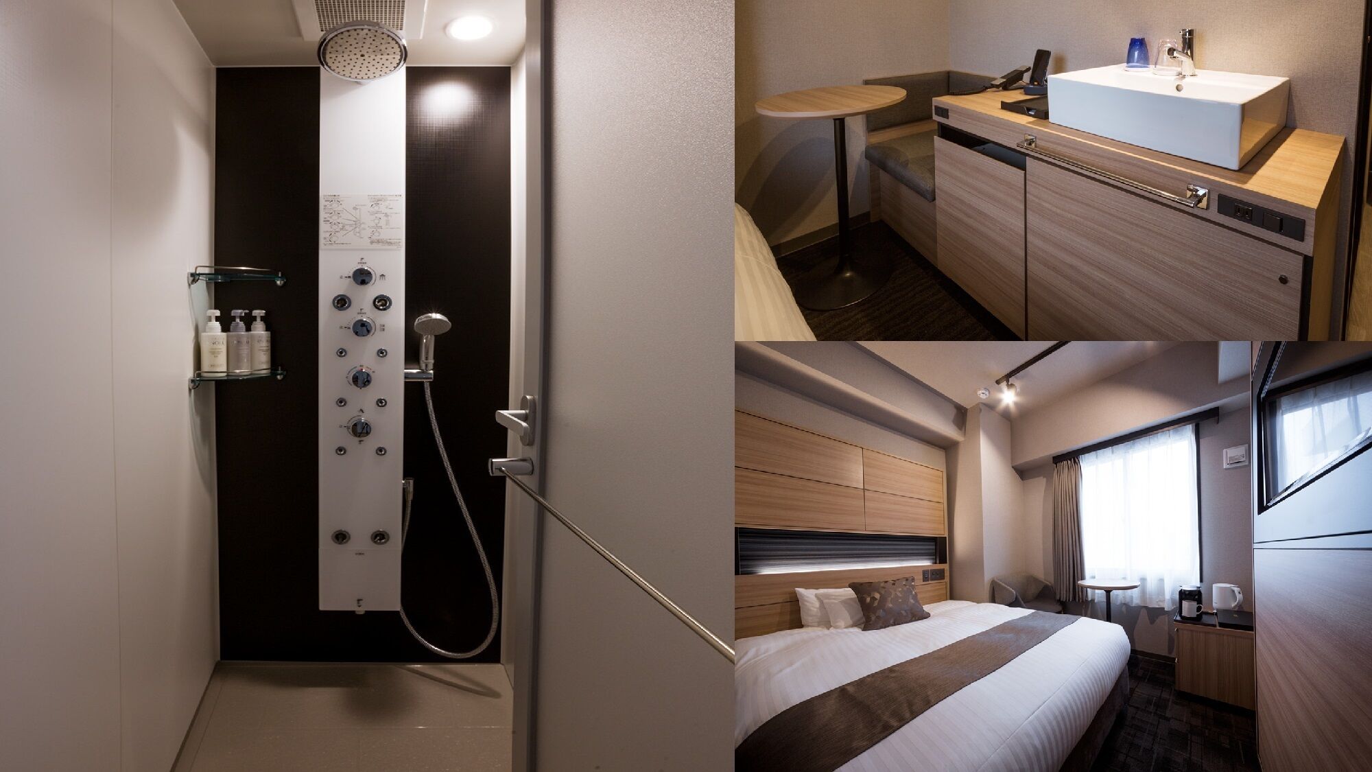 A hotel room with a shower, a small kitchenette, a bed, and a window.