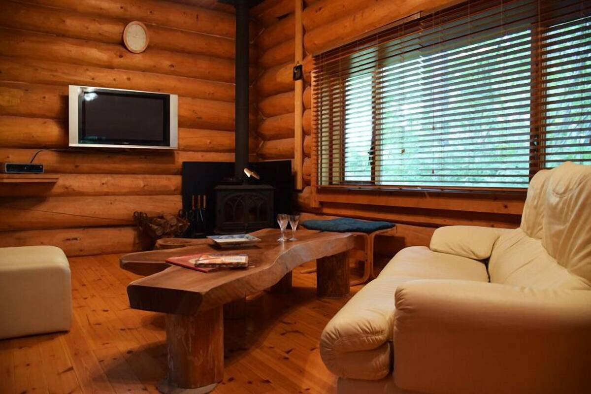 Interior de una cabaña de troncos con un sofá, una mesa de madera, una chimenea, un televisor y una ventana con persianas.