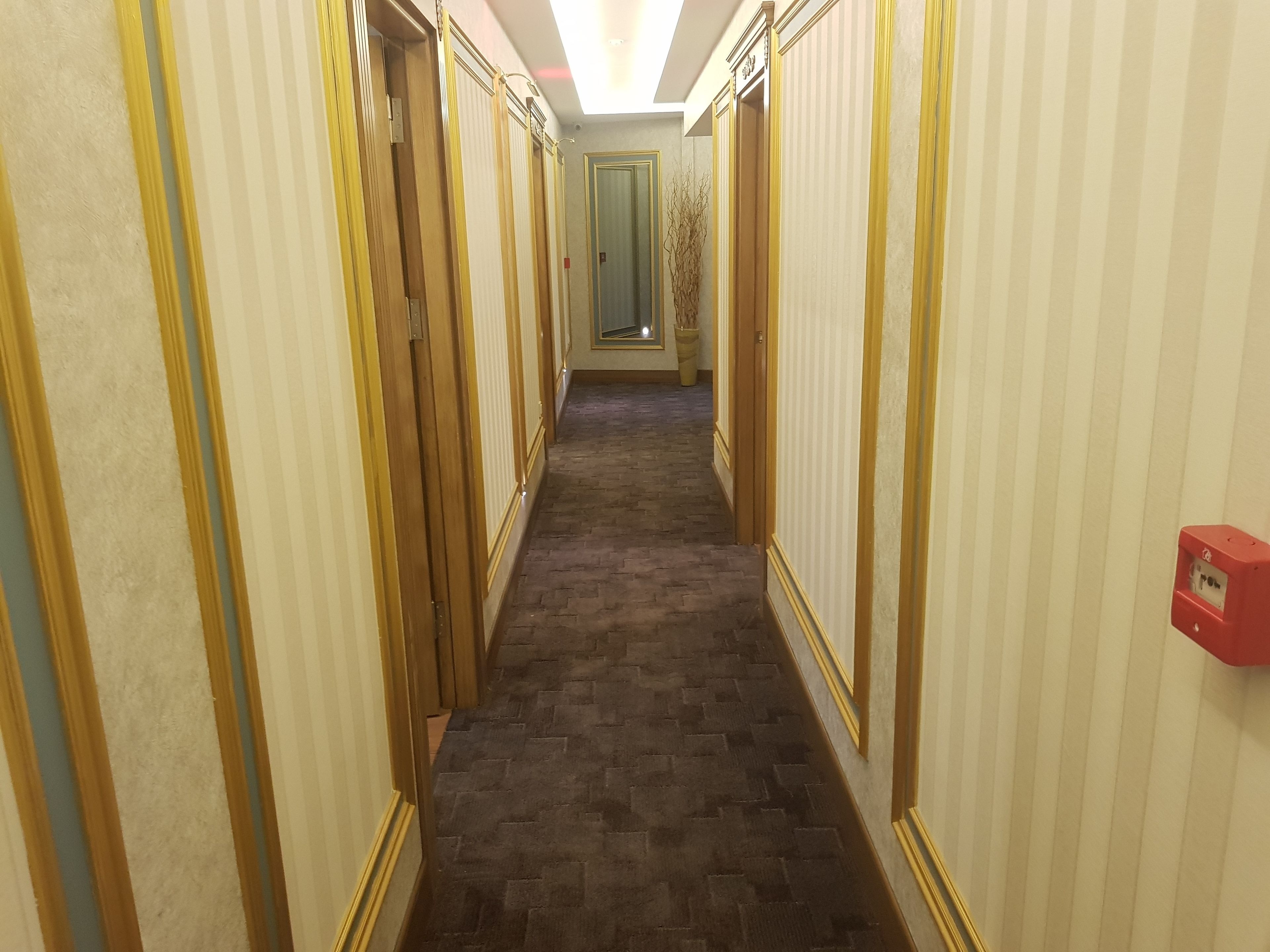 A hallway with striped wallpaper, a brick-patterned floor, and a red emergency phone on the right wall.