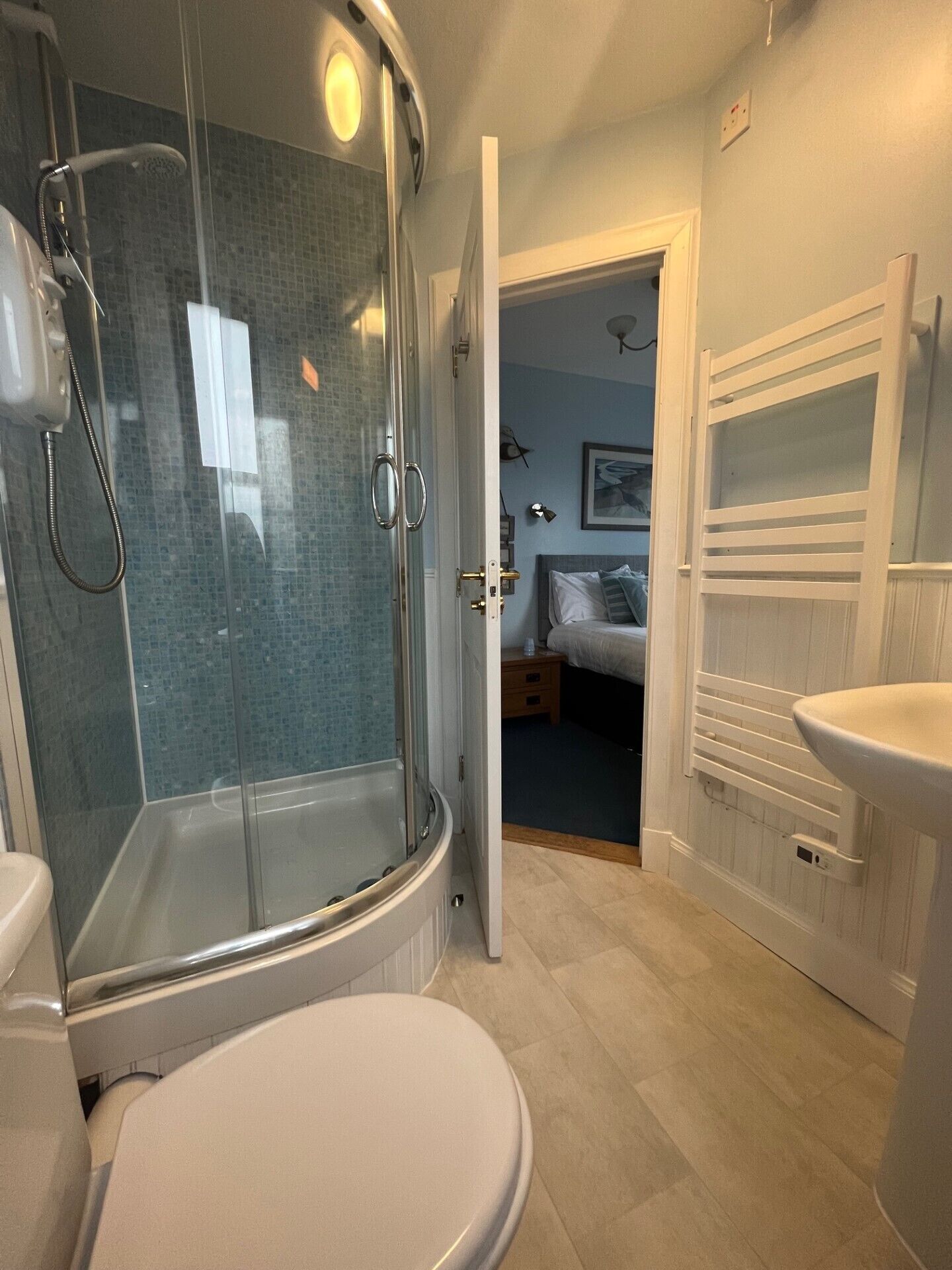 A modern bathroom with a glass-enclosed shower, a white sink, and a visible bedroom in the background.