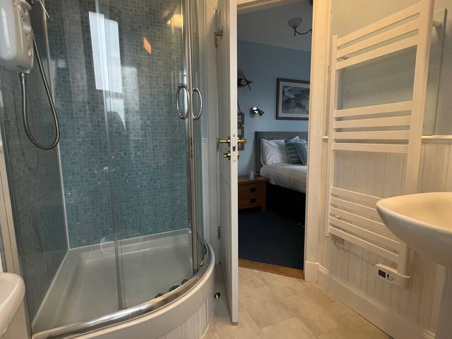 A modern bathroom with a glass-enclosed shower, a white sink, and a visible bedroom in the background.