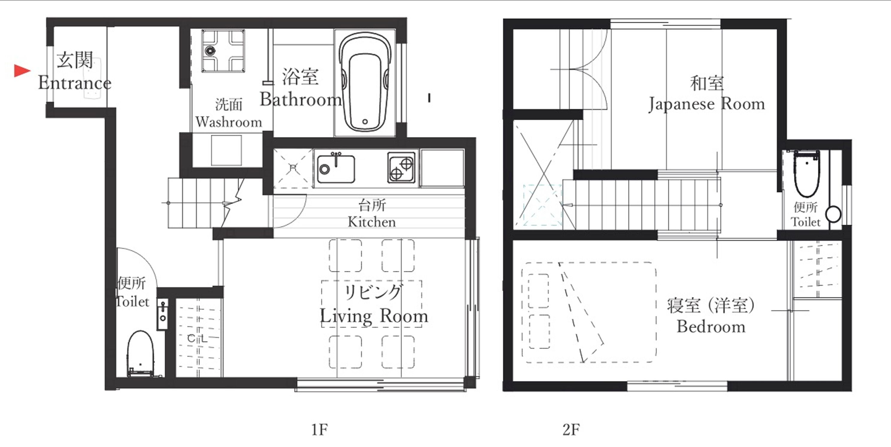 Grundriss eines Hotels mit Eingang, Bad, Küche, Wohnzimmer, japanischem Zimmer, Toilette und Schlafzimmer.