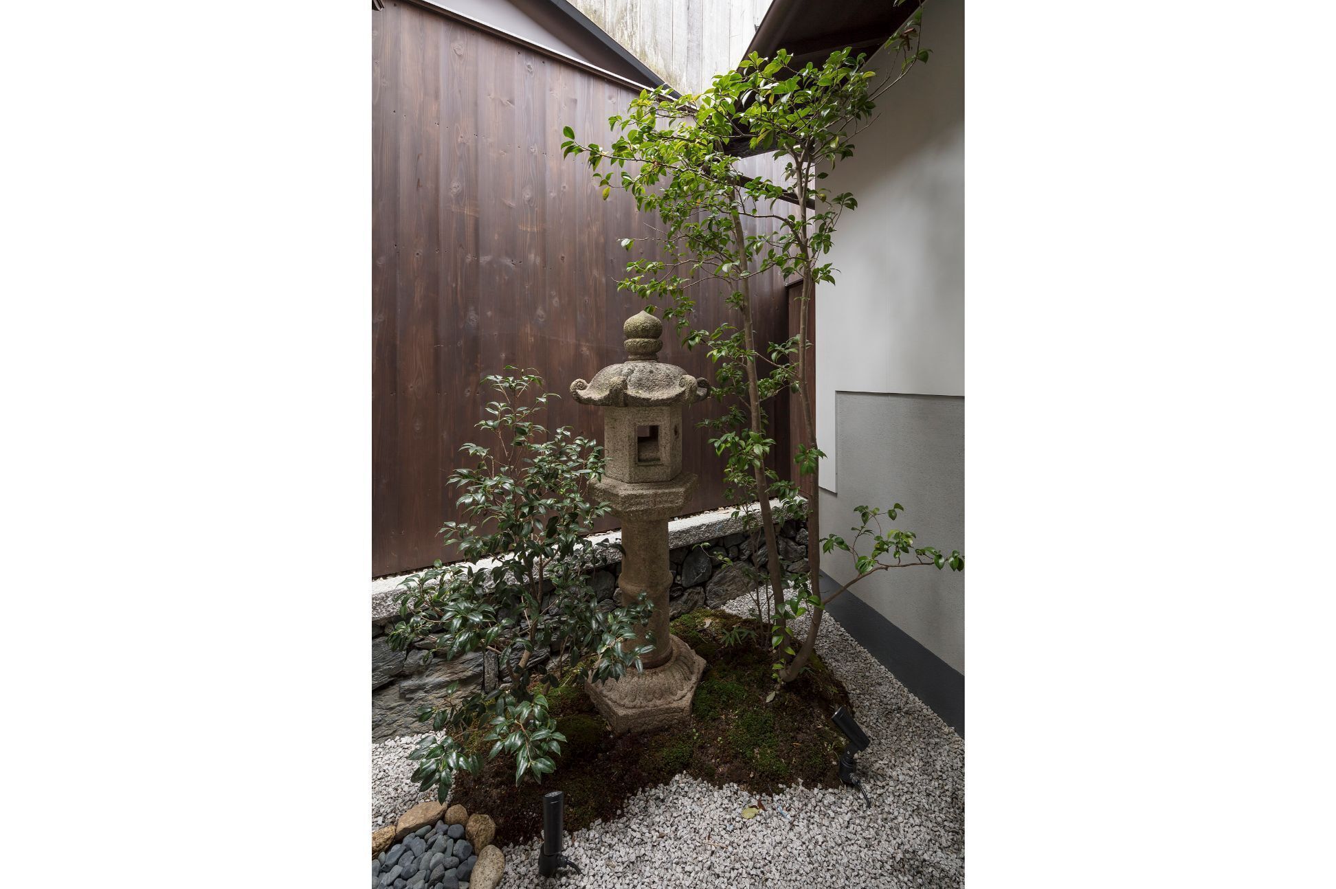 Un jardín japonés tradicional con un farol de piedra, un árbol pequeño y una valla de madera.
