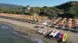 Una playa con hileras de sombrillas y sillas reclinables, un edificio al fondo, y varias kayaks y tablas de remo sobre la arena.